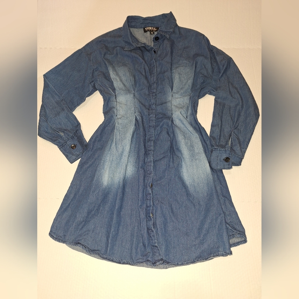 Thrill Jeans Denim Button Up Long Top Short Dress Women's Long Sleeve Medium